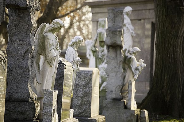 A row of angel statues stand watch over tombstones.