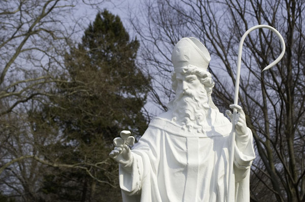 A statue of St. Patrick in bishop regalia, holding
a clover.