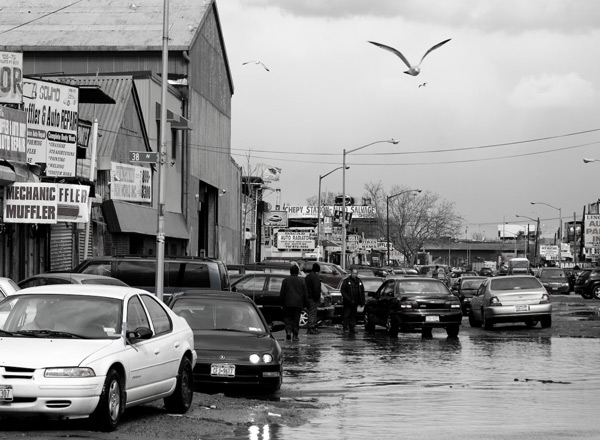 Sea gulls fly over a flooded block of auto repair
shops.