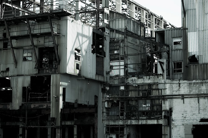 An abandoned factory awaits demolition.