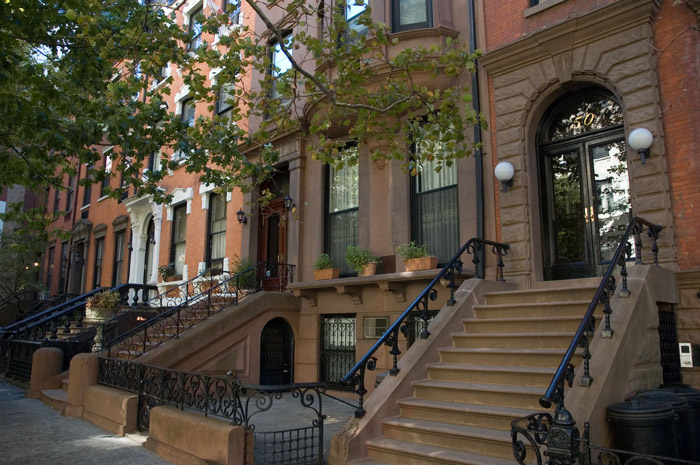 Brownstones with stoops on a tree-lined street.