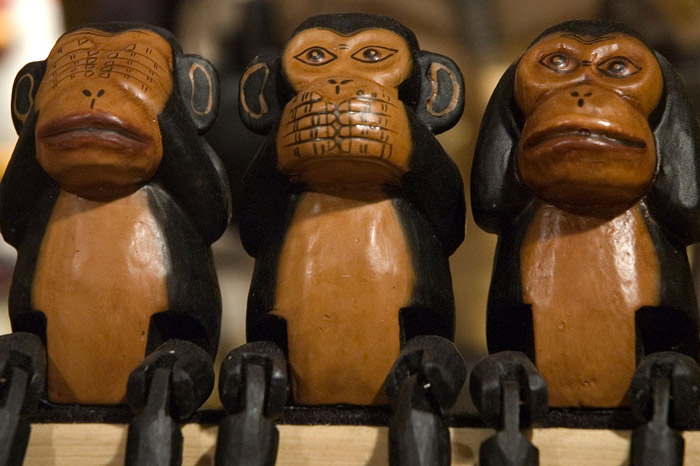 Three carved monkeys trying to avoid all evil.