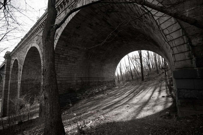 Sunlight and tree shadows come in through the arches beneath a bridge.