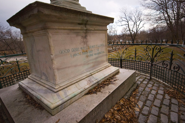 A famous quote of George Washington's, anticipating the loss of lives to protect his retreat, is engraved on a huge marble block in Prospect Park.