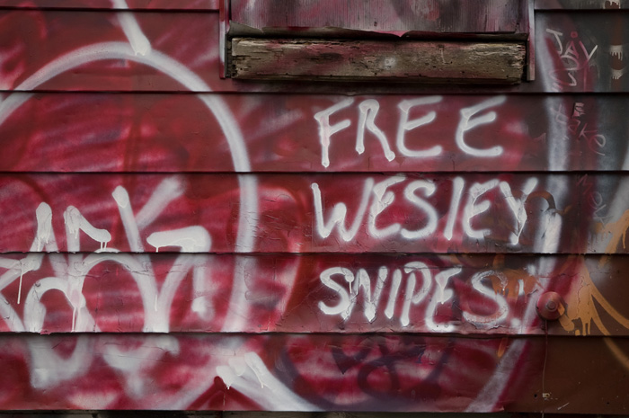 On the outside wall of an abandoned house, someone has sprayed 'Free Wesley Snipes'.