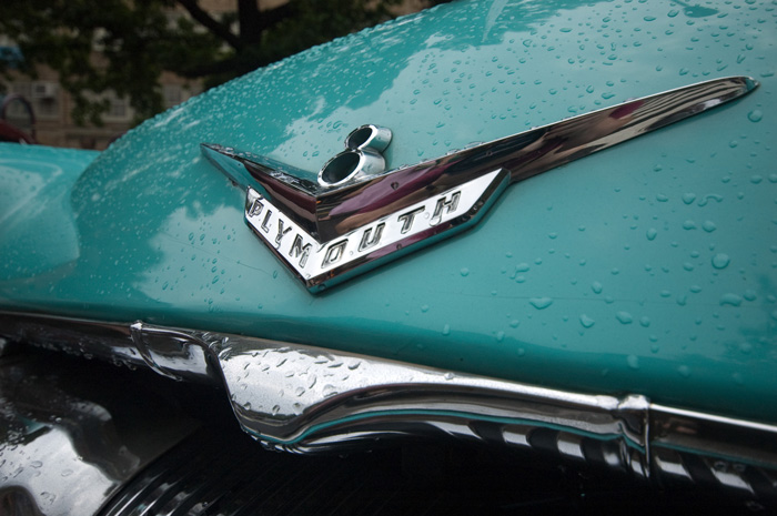 The photo shows the hood of an old Plymouth car from the 1950's, in pristine shape, with beads of water on it.
