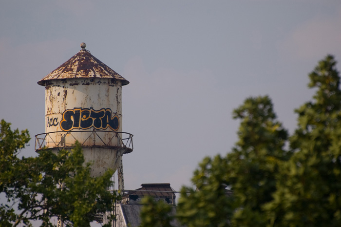 A rusty water tank rises above the trees; it is rusted and covered in graffiti.