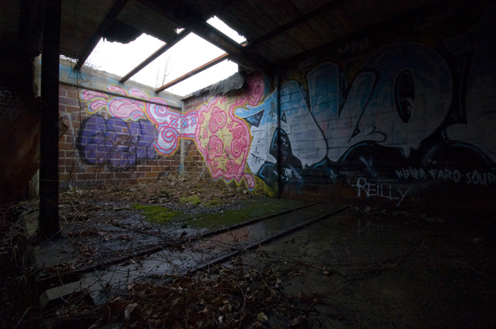 The interior of abandoned military loading docks has been taken over with vivid graffiti; light streams through the broken roof.