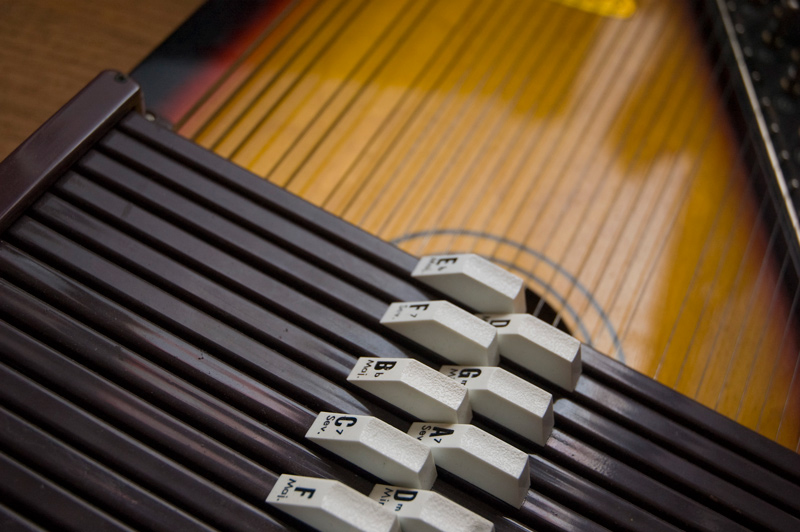 The photo shows a autoharp, emphasizing the chord buttons.