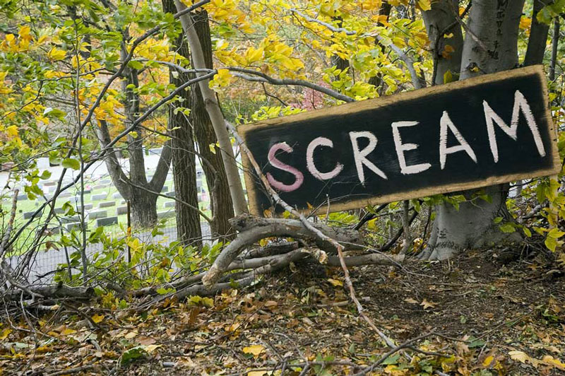 Next to a cemetery, a sign encourages kids to SCREAM for Halloween.