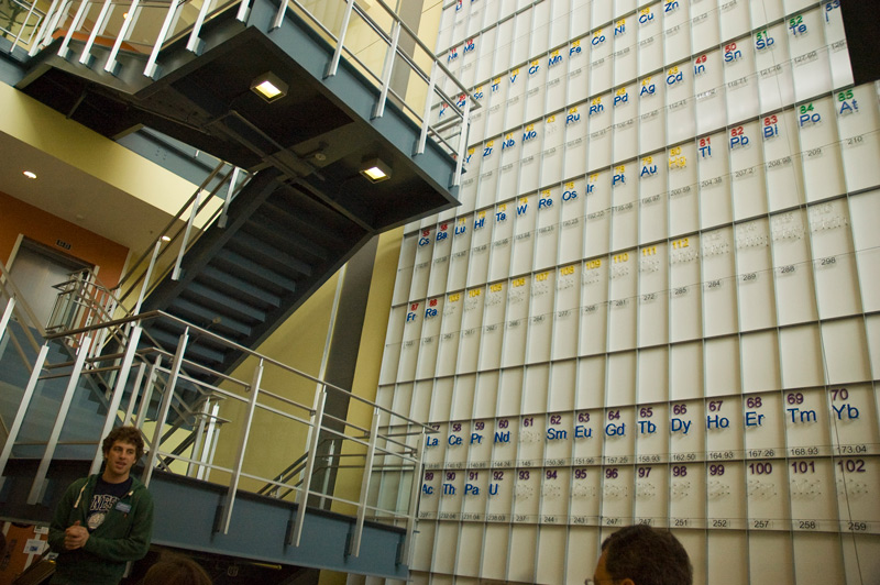 A huge periodic table covers a wall, taller than the stairs.