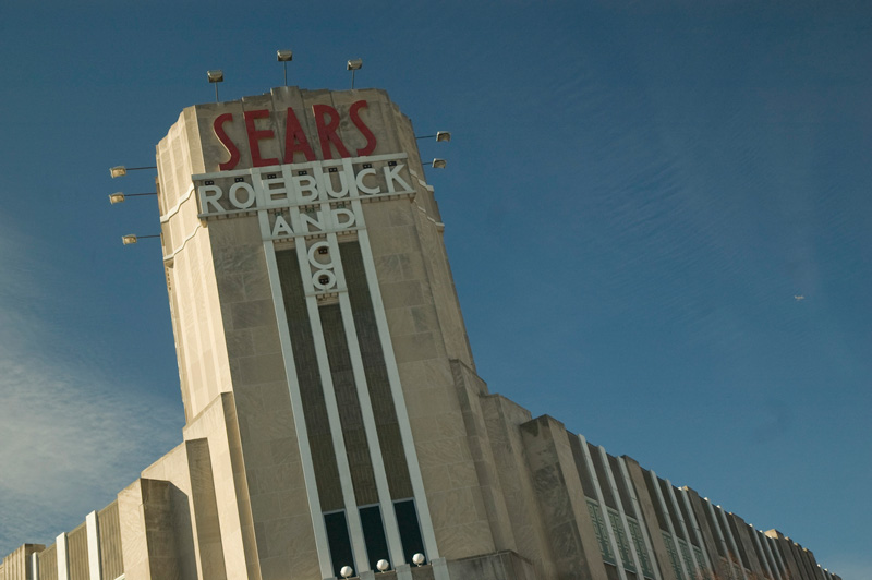 An old Sears store, with a corner tower.