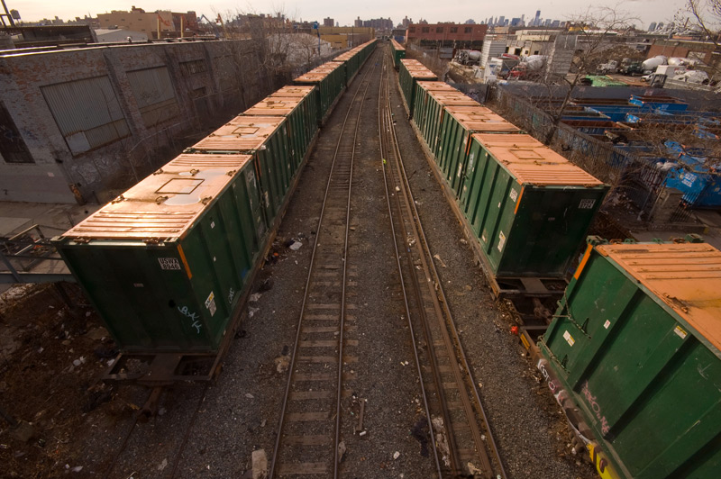 Two lines of rail cars, pointing to the distance.