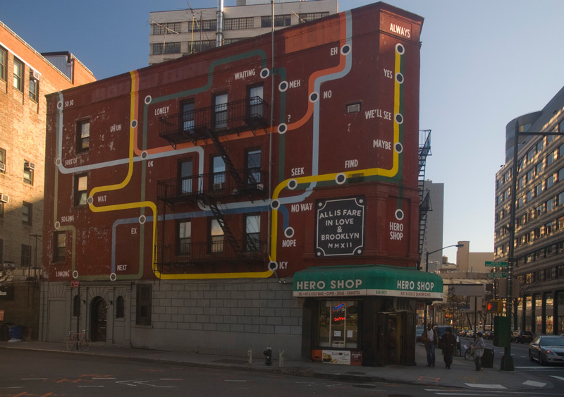 A building painted like a subway map, with emotions as stations.