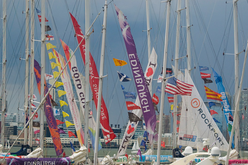 Brightly colored banners on yachts