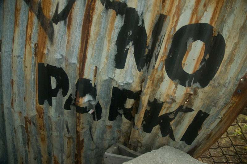 Part of a No Parking sign, on corrugated metal