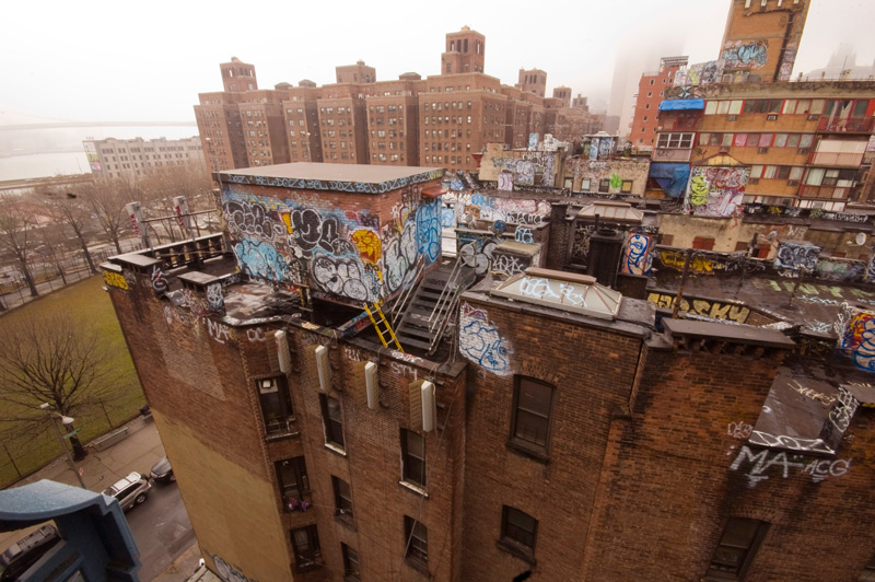 Roofs covered with graffiti.