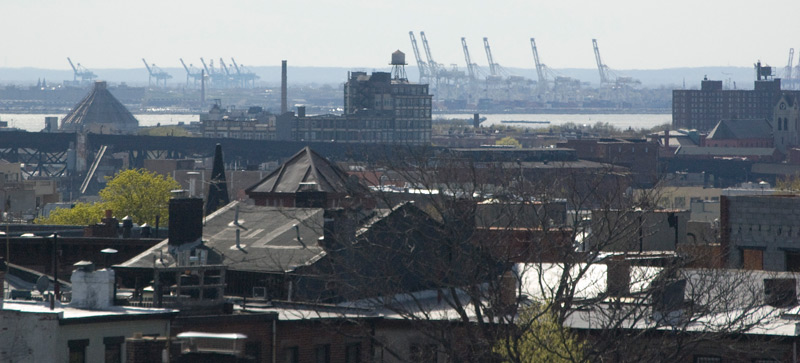 A city: rooftops, wtaer tanks, and shipping cranes.