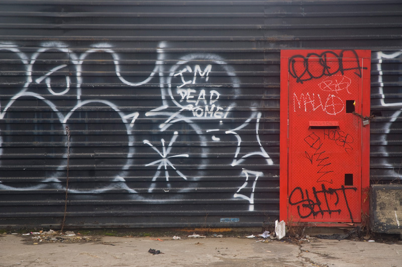 Black roll down shutter with graffiti, and a red door.