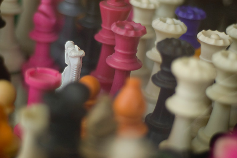 Chess pieces; knights, queens, bishops, and rooks