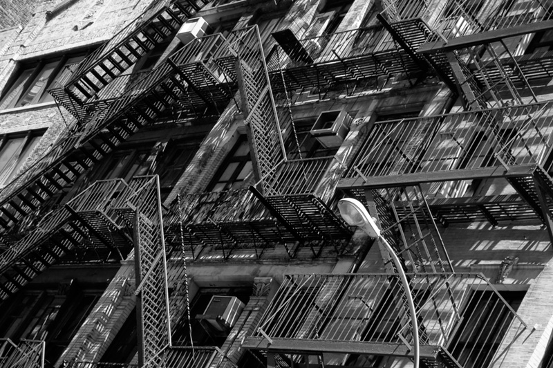 Many sets of fire escapes.