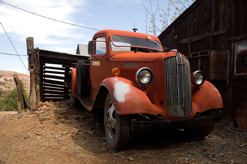 An old red Dodge truck.