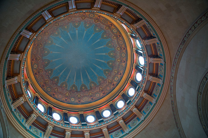 A domed ceiling, in blues and light