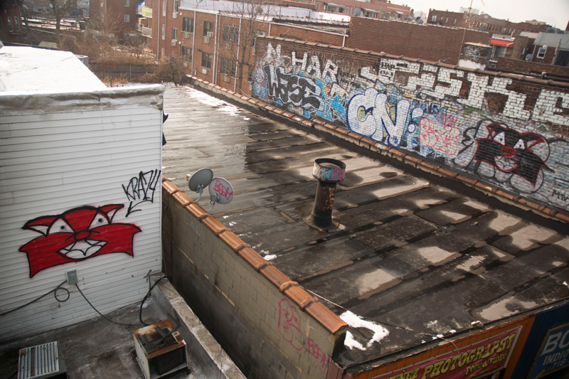 A roof, sandwiched between graffitied walls.
