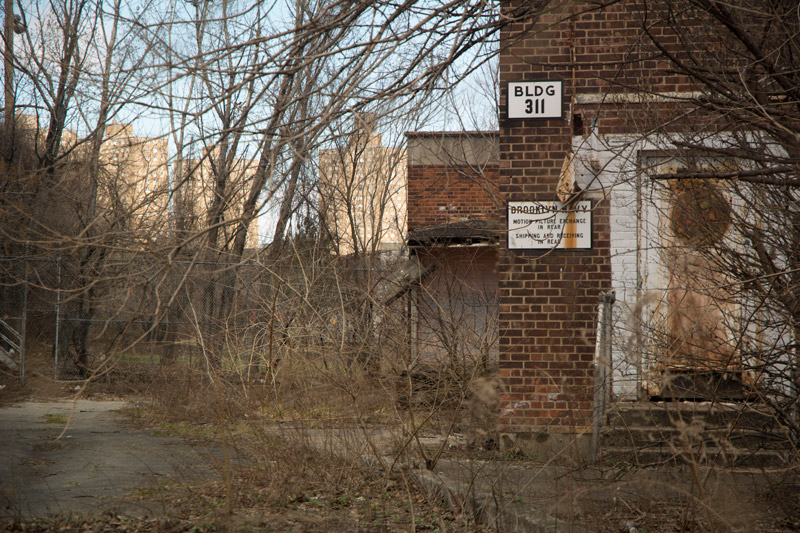 An old brick building in an abandoned section of the Brooklyn Navy Yard.