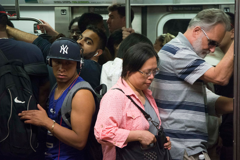 A crowded subway train.
