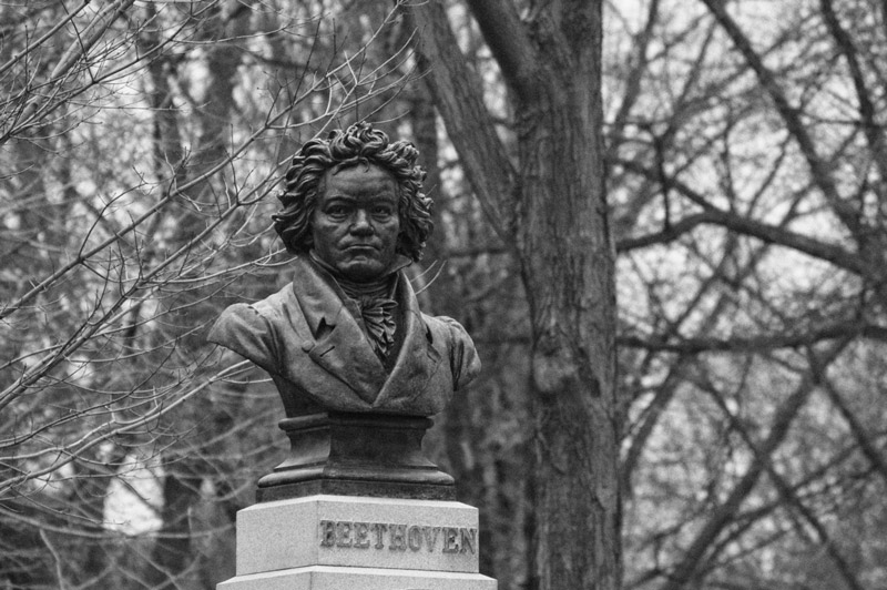 A bust of Beethoven, amidst winter trees.
