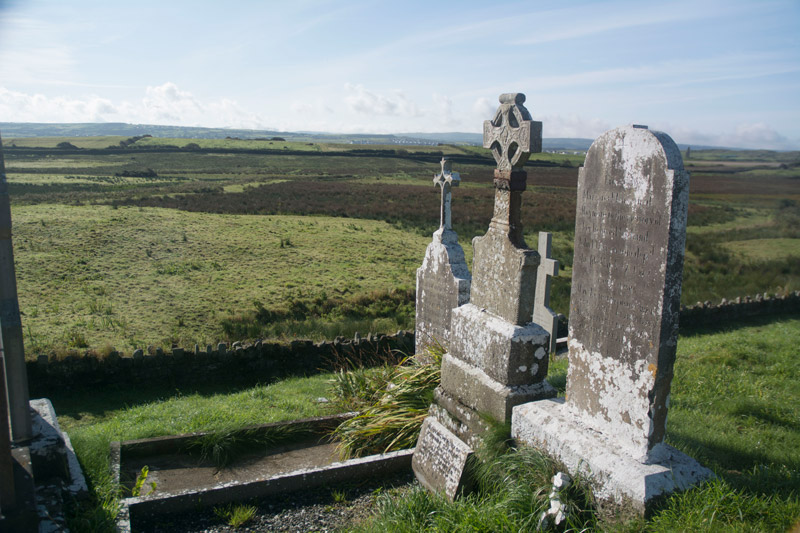 Old, weathered tombstones, with green fields in the background.