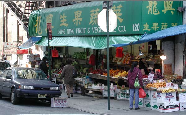A vegetable and
fruit stand in China Town. It has a green awning, and a couple
customers.