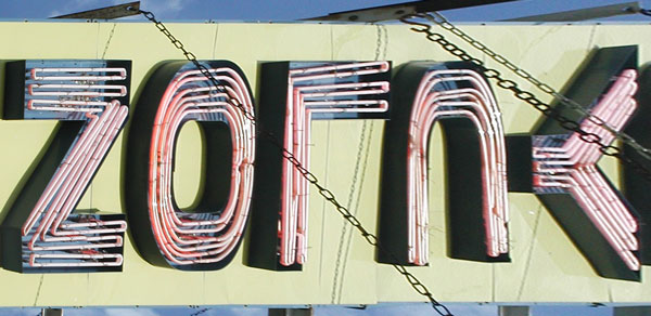 Sign for the Cyclone Roller Coaster, shown
horizontally for surprise.