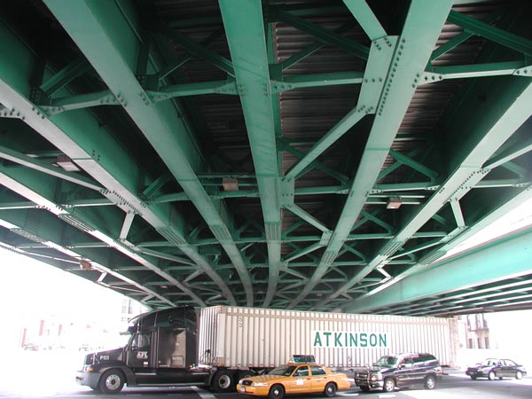 The underside of a highway overpass, with
the support beams emphasized.