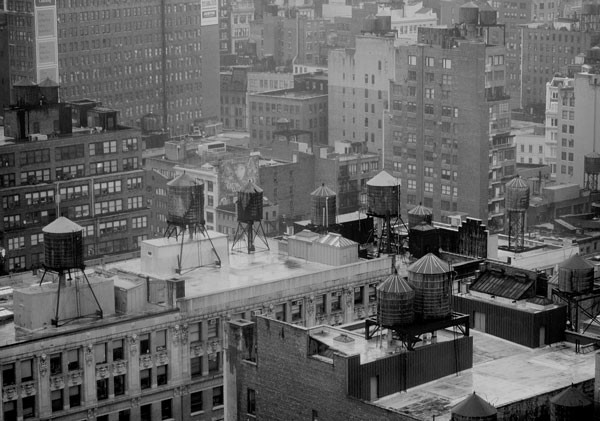 Water towers on the roofs of Manhattan.