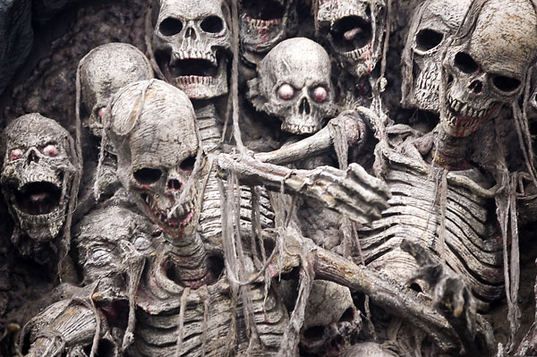 A crowded display of skeletons with ghastly
expressions.